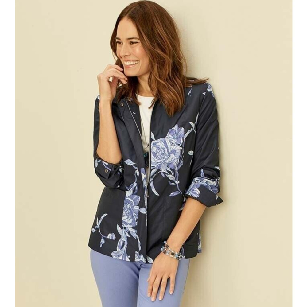 Chico's Navy Blue High Seas Floral Pockets Zip Front Raincoat Jacket Woman 1 Md